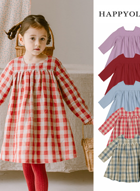 Happyology英国童装亚麻儿童裙子长袖秋季女童连身裙女小童连衣裙