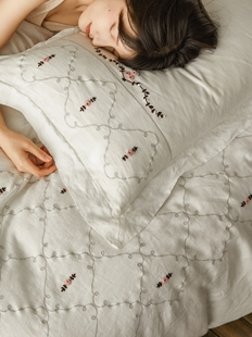 紫茉 手工刺绣麻四件套高货大麻亚麻床上用品雨露汉麻床单被套