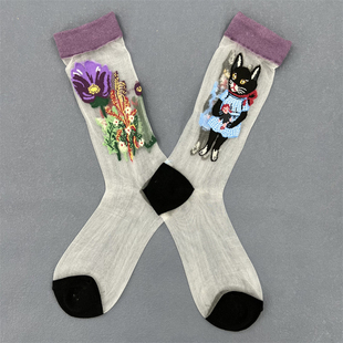 韩国潮牌袜子水晶丝袜女士薄款玻璃丝袜森林童话夏季卡通中高筒袜