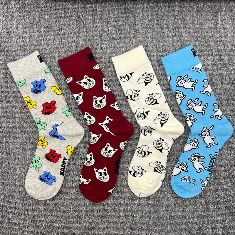 happysocks袜子女新款多巴胺中筒袜瑞典潮牌卡通纯棉可爱彩色袜子
