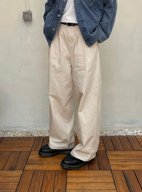 PL秋季日系复古直筒纯棉休闲裤男潮牌垂感简约显瘦阔腿松紧腰长裤