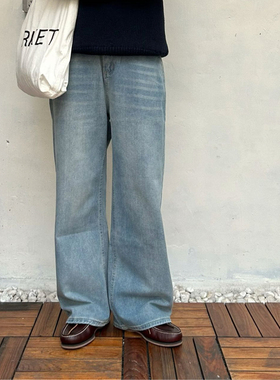 PL秋季日系复水洗做旧牛仔裤男潮牌阔腿直筒拖地设计质感休闲长裤