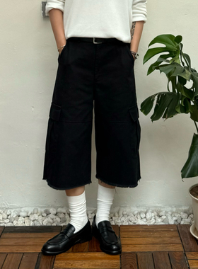 PL美式复古毛边设计工装七分短裤男潮牌宽松纯棉质感多口袋休闲裤