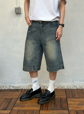 Point lamp美式复古水洗做旧设计牛仔短裤男女潮牌宽松阔腿五分裤