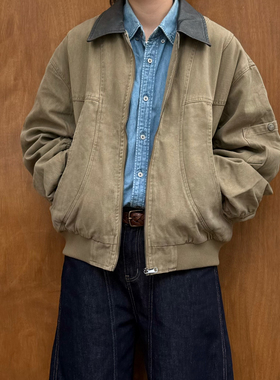 Point lamp日系复古水洗做旧拼接皮领工装夹克男女纯棉质感外套