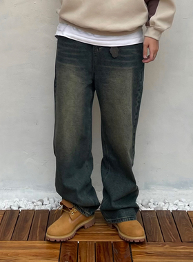 Point lamp日系复古美式复古水洗牛仔裤男秋季高级直筒显瘦长裤子