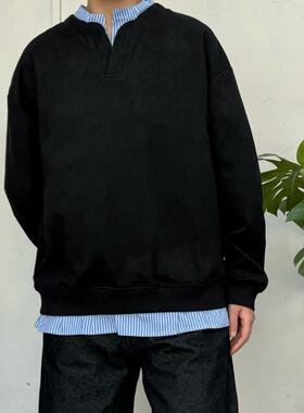 Point lamp日系复古撞色拼接假两件衬衫卫衣男女潮牌宽松休闲上衣