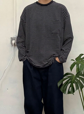 Point lamp重磅圆领条纹长袖T恤男日系街头潮流cityboy纯棉打底衫