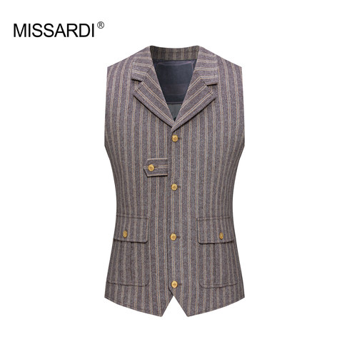 MISSARDI/米纱迪春夏羊毛商务休闲英伦复古咖啡色条纹时尚马甲