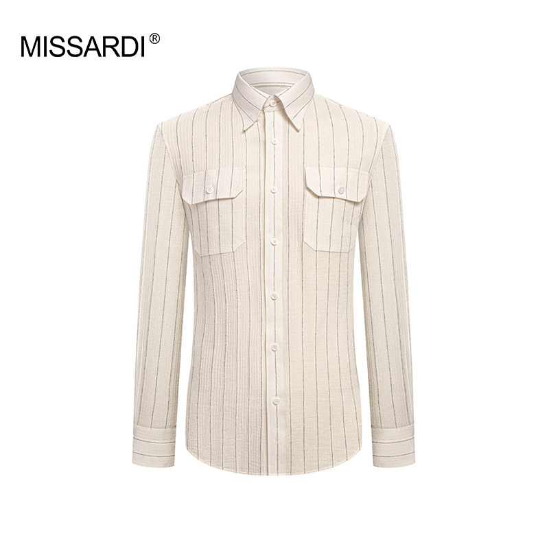 MISSARDI米纱迪 素宣 尖领白色亚麻潮流个性男士修身休闲衬衫