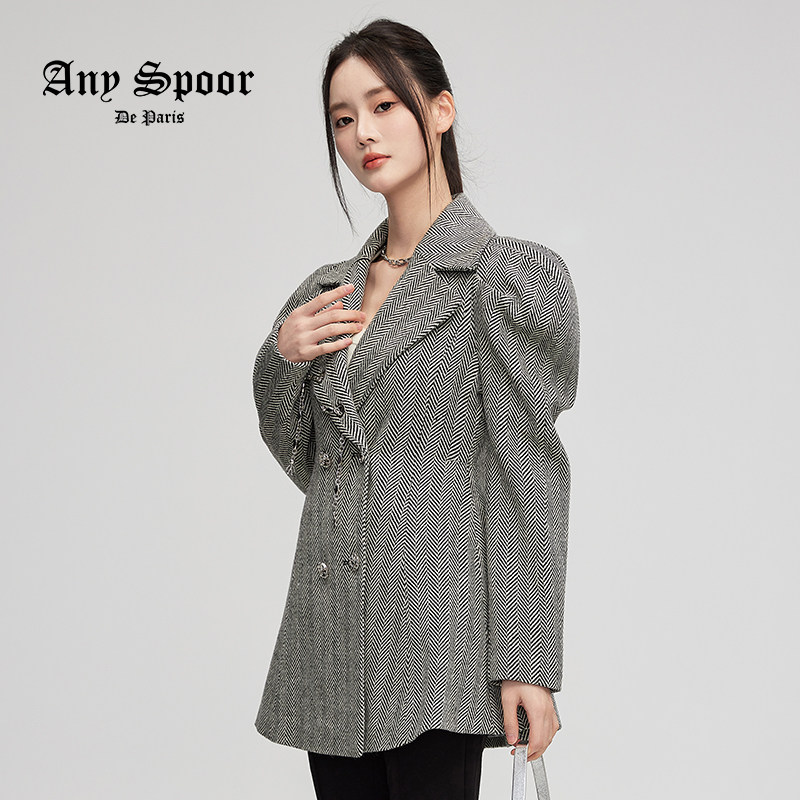 ANYSPOOR2024冬季新款黑色时尚舒适潮奢绵羊毛女士中长款大衣