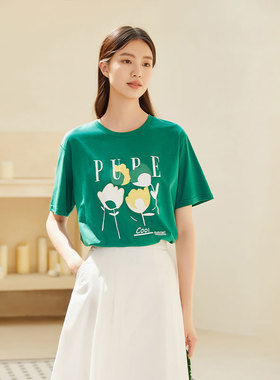 Lucidy/鲁思蒂绿色短袖t恤女2024新款夏季圆领宽松显瘦印花上衣潮