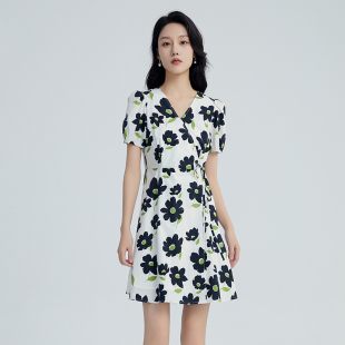气质显瘦泡泡袖 女夏季 中长裙子 V领连衣裙2024新款 鲁思蒂印花短袖