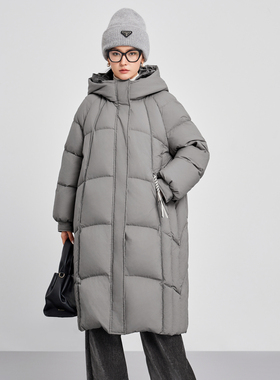 鲁思蒂加厚保暖羽绒服2024年新款女冬季时尚中长款连帽白鸭绒外套