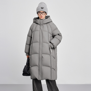 鲁思蒂加厚保暖羽绒服2024年新款女冬季时尚中长款连帽白鸭绒外套
