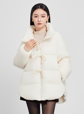鲁思蒂立领羽绒服2024新款女冬季气质时尚宽松显瘦白鸭绒中长外套