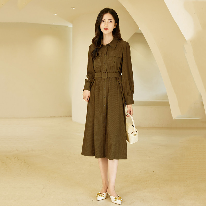 lucidy/鲁思蒂长袖连衣裙2023新款女秋冬气质显瘦开衫衬衫长裙子