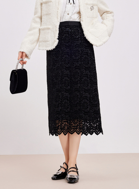 鲁思蒂黑色丝绒蕾丝半身裙2024新款女秋冬气质高腰显瘦中长款裙子