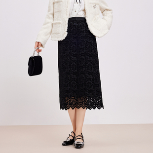 鲁思蒂黑色丝绒蕾丝半身裙2024新款女秋冬气质高腰显瘦中长款裙子