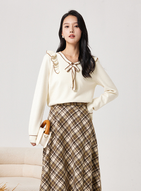 Lucidy/鲁思蒂长袖v领针织衫女2024新款秋冬显瘦时尚休闲套头上衣