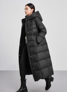 鲁思蒂黑色长款羽绒服2024新款女冬季时尚加厚保暖连帽白鸭绒外套
