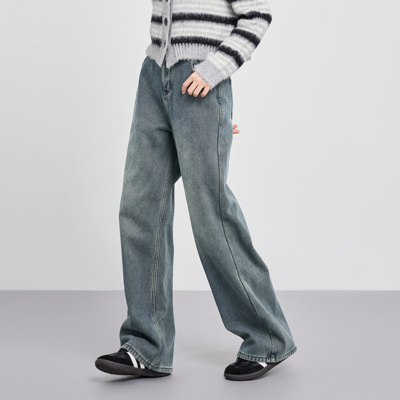 鲁思蒂加绒拖地宽松牛仔长裤
