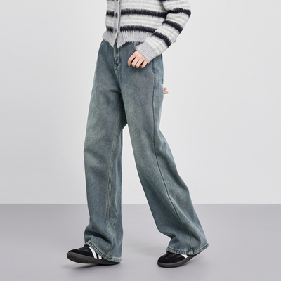 鲁思蒂加绒拖地宽松牛仔长裤
