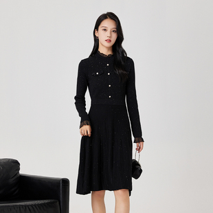 Lucidy 女秋冬黑色气质中长裙子 鲁思蒂小香风针织连衣裙2024新款