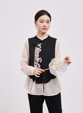 鲁思蒂新中式黑色马夹外套2024新款女春秋中国风气质显瘦马甲上衣