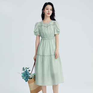 女夏气质显瘦小个子圆领中长裙子 连衣裙2024新款 鲁思蒂泡泡袖 短袖