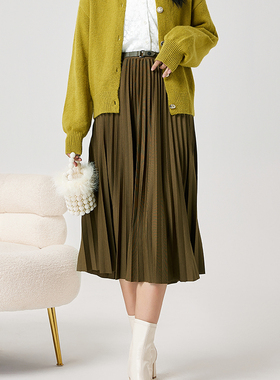 Lucidy/鲁思蒂2022冬季新品通勤简约中长款A字裙高腰百褶半身裙女