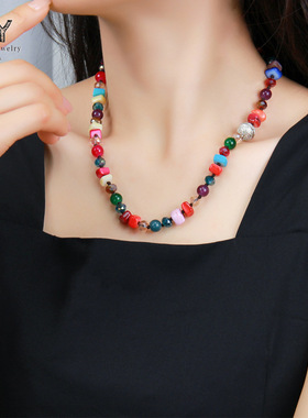 欧美个性新款彩色贝壳水晶串珠项链中古风波西米亚锁骨链跨境