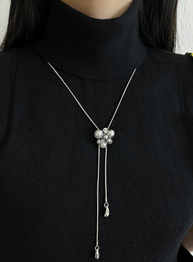 锆石珍珠流苏抽拉式项链女小众轻奢感水滴吊坠长款毛衣链配饰