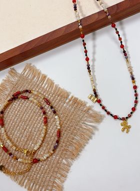 复古安可拉红敦煌系彩色红玛瑙叠戴串珠项链马上有钱寓意小众颈