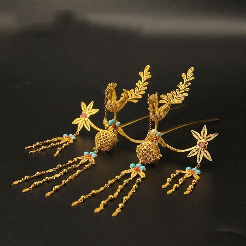 仕女图镀金发簪发簪唐代流苏纯铜古首饰簪子步摇双凤汉服头饰簪花