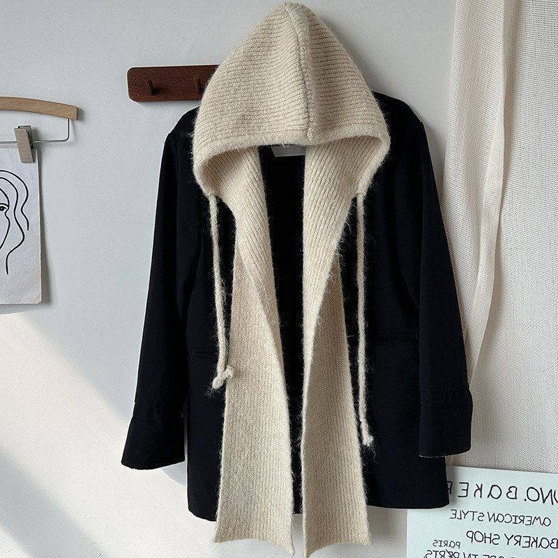 披肩系带连围巾~针织帽子纯色具象化个性法帽绑绳秋冬一体围脖