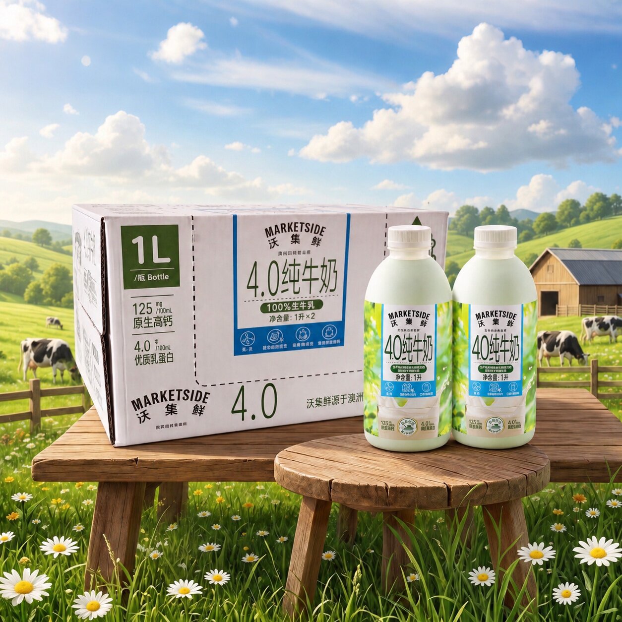 沃尔玛沃集鲜4.0纯牛奶1L瓶装绿瓶100%生牛乳高钙优质蛋白原生态