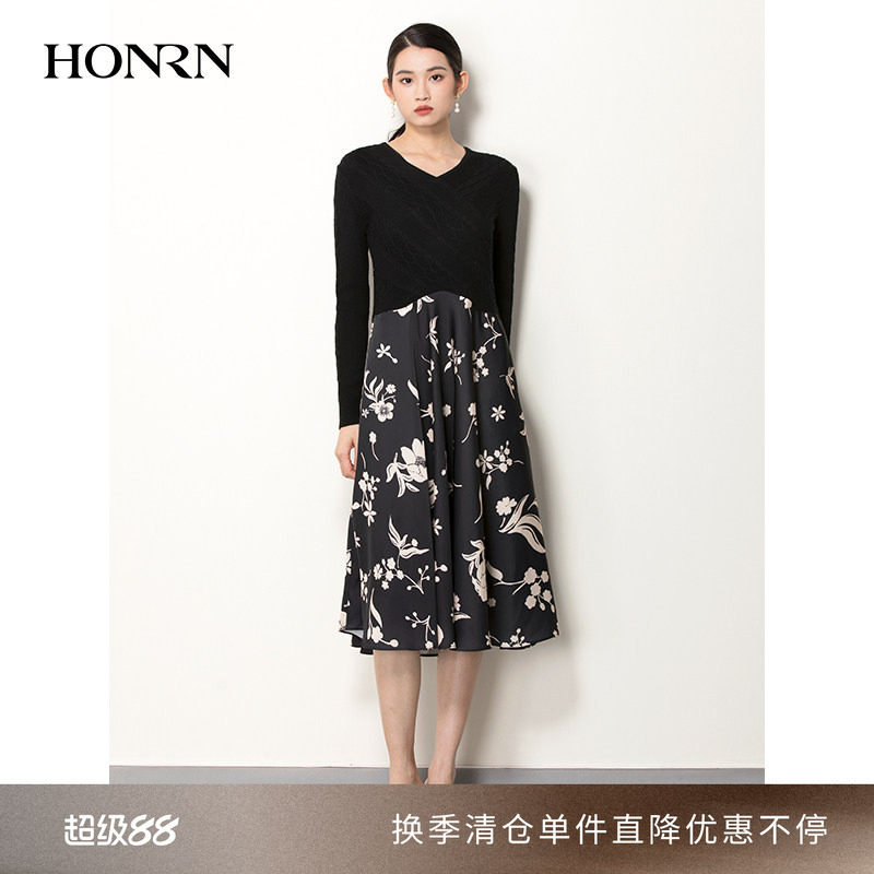 HONRN/红人v领长袖针织拼接修身显瘦毛衫连衣裙女HH11OL631