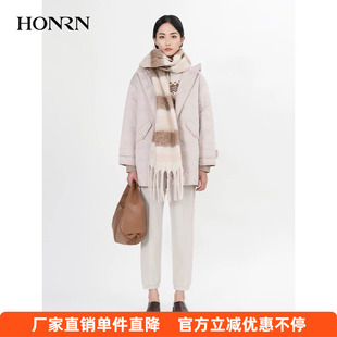HONRN/红人休闲菱格连帽棉衣棉服外套上衣女中长款冬季HH55MA598