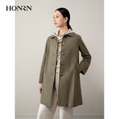 HONRN 红人绿色休闲衬衣领牛角扣风衣外套女中长款 春秋HH11OF099
