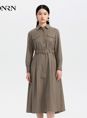 HONRN/红人千鸟格纹长裙子修身收腰显瘦a字连衣裙女春秋HH33OL274