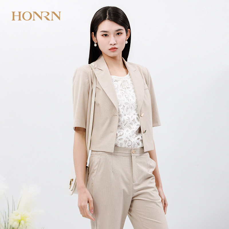 HONRN/红人修身休闲气质短款中袖小西装外套上衣女薄款夏季西服