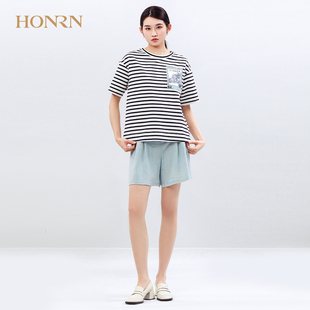 HONRN 红人休闲宽松蓝白条纹圆领短袖 显瘦棉质针织t恤上衣女夏季