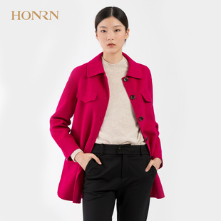 HONRN/红人羊毛双面呢子大衣女秋冬中长款宽松长袖翻领外套显瘦