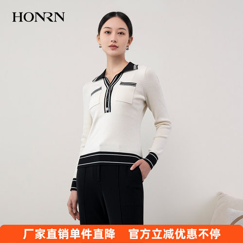 HONRN/红人黑白色条纹长袖修身polo领针织衫上衣女春秋HH11OM628