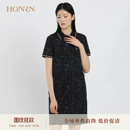 HONRN黑色亮片翻领短袖连衣裙