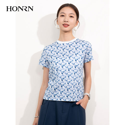 HONRN法式田园蓝几何短袖T恤