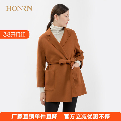 HONRN/红人复古羊毛呢子大衣气质女神范秋冬中长款系带收腰外套