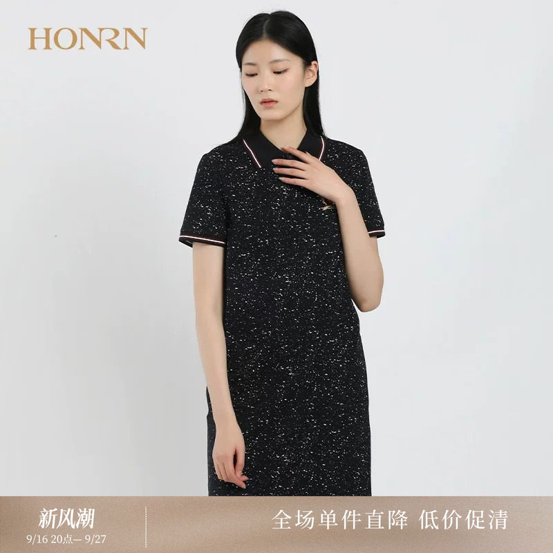 HONRN黑色亮片翻领短袖连衣裙图片