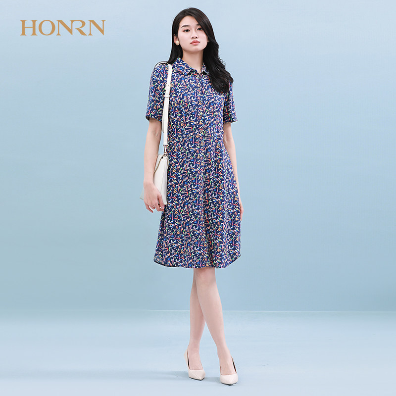 HONRN红人淑女风印花连衣裙女夏季短袖中长裙专柜连衣裙HG22OL621